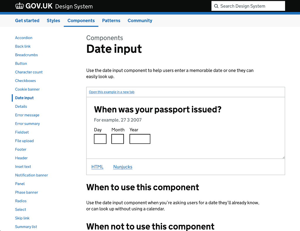 A screenshot of the GOV.UK Design system page for the date input component.