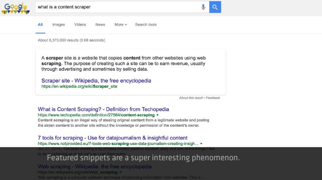 featured snippets or answer boxes in SERP