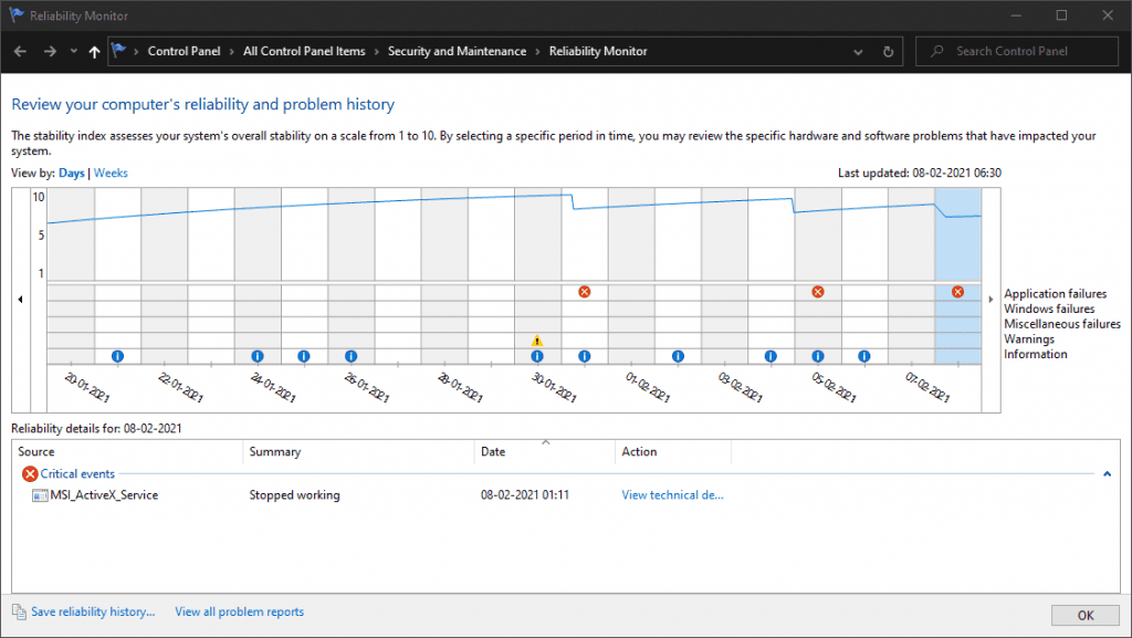 Reliability Monitor utility window