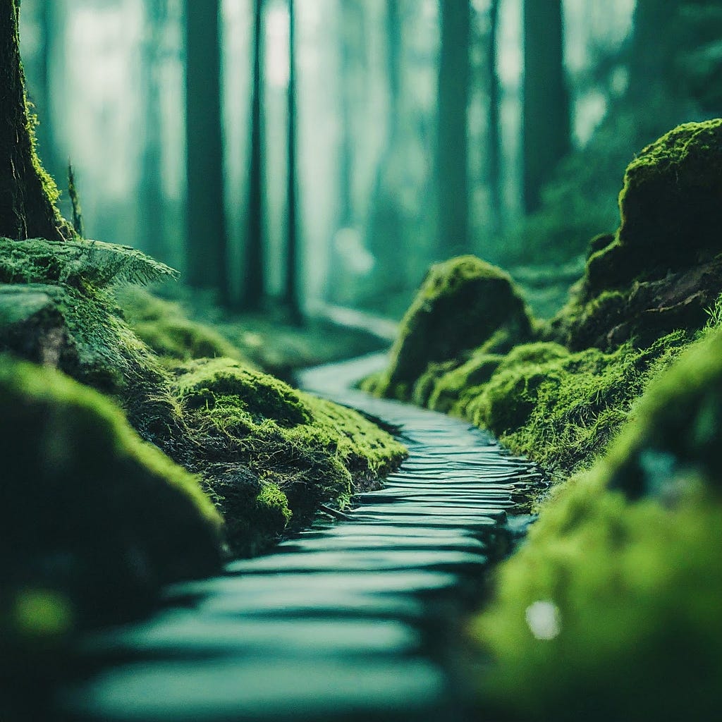 A serene wooden pathway winding through a lush, green forest, symbolizing the journey to integrating sustainability into one’s career.