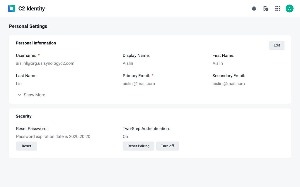C2 Identity’s Personal Settings page is displayed.