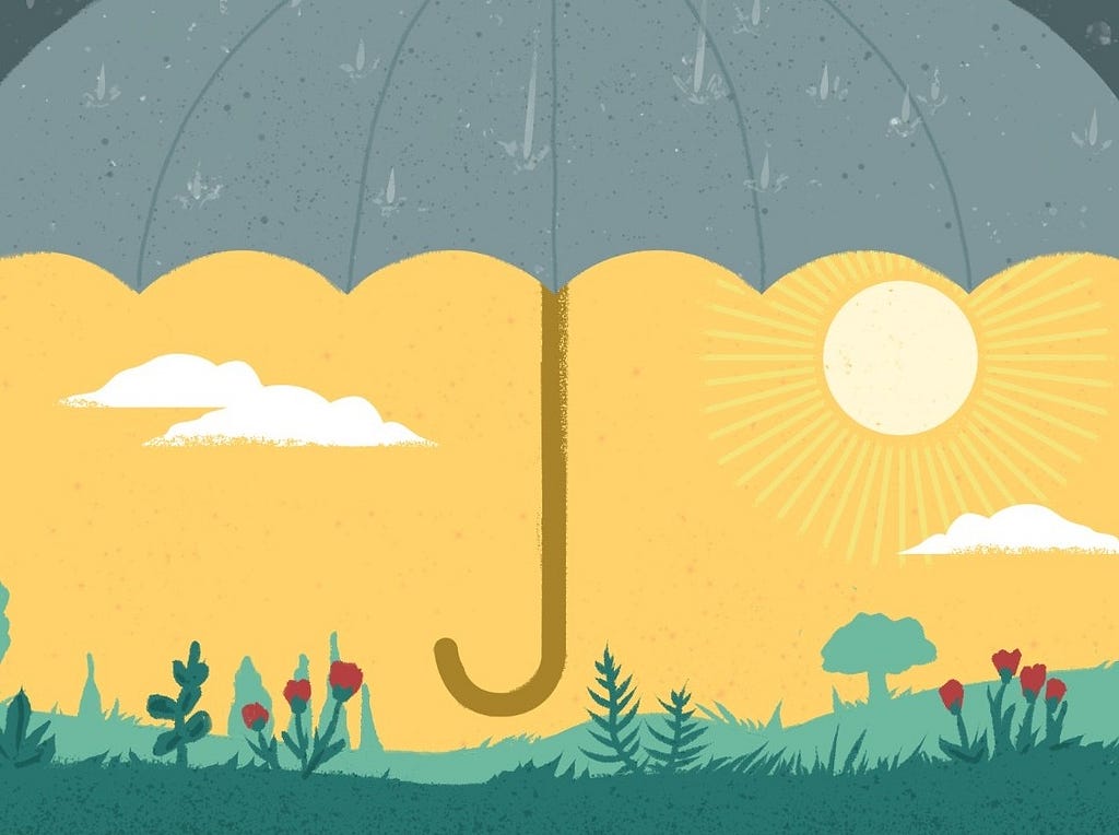 Illustration of an umbrella blocking rain and a sunny scene beyond. Image by Alyson Youngblood/RAND Corporation