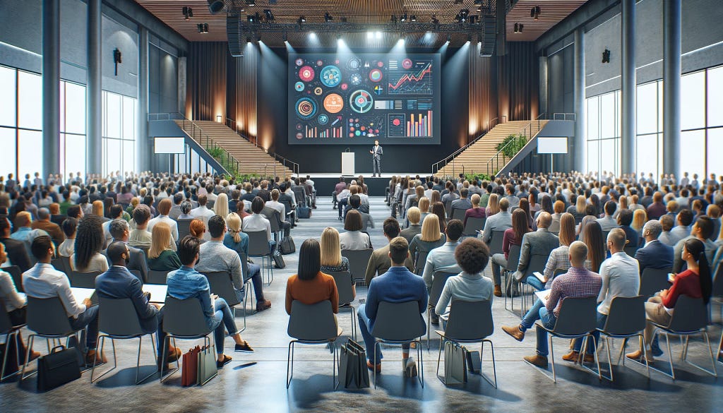 A crowd of business professionals watching a presenter on a stage