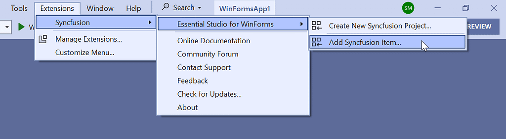 Adding Syncfusion Item via Extensions menu