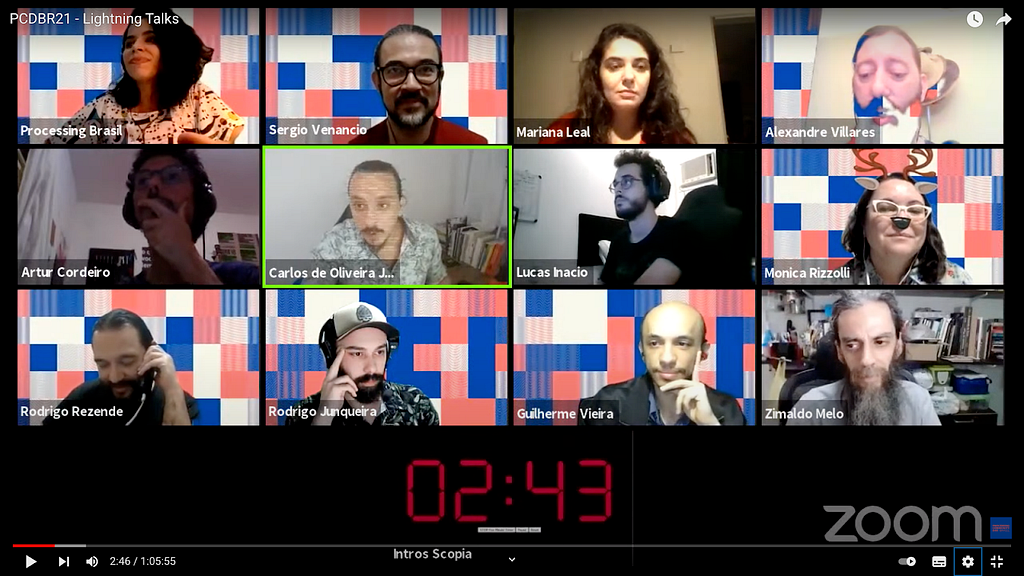 A screenshot of a livestream with 12 participants within a zoom titled “PCDBR21 — Lightning Talks.”
