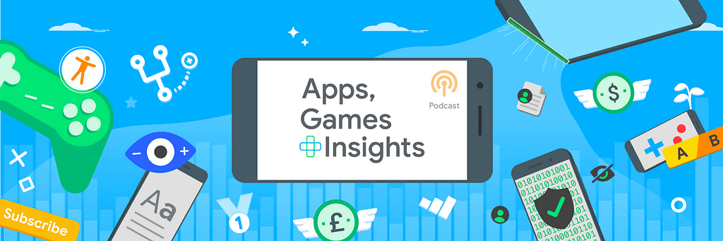 Apps, Games, and Insights animated banner with phone on blue background