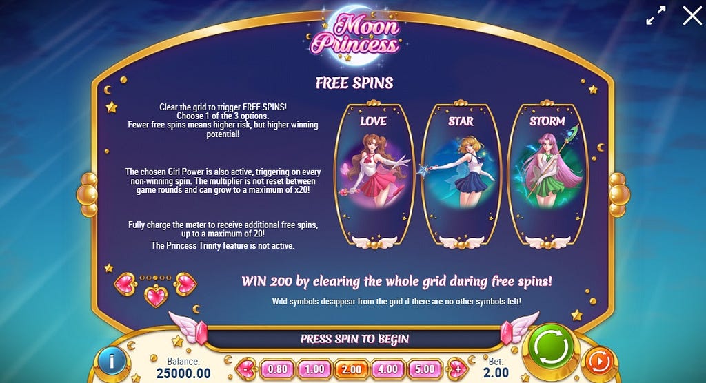 Screenshot of Moon Princess slot paytable — Play’n GO