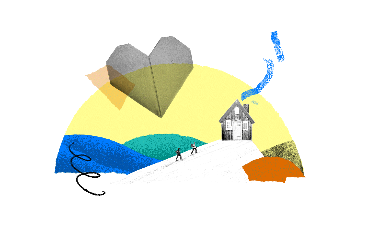 Animated graphic featuring a heart shape with a fingerprint and two people hiking to a building atop a summit