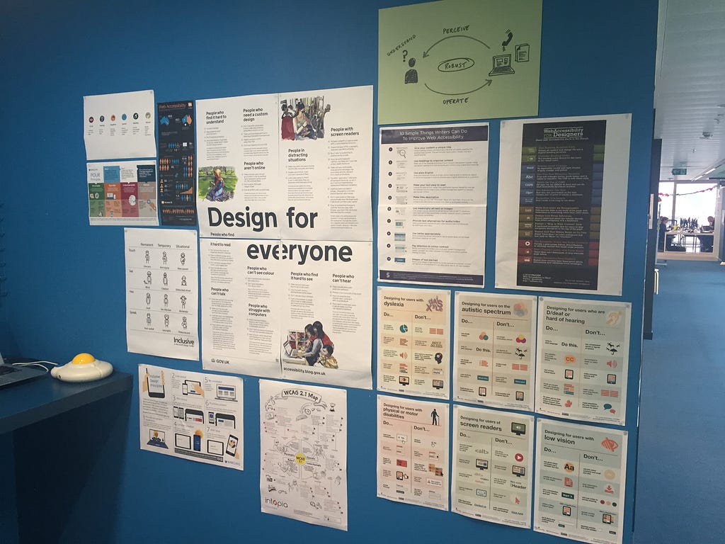 Posters on the wall at GDS show simple guidance about designing for users with different needs.