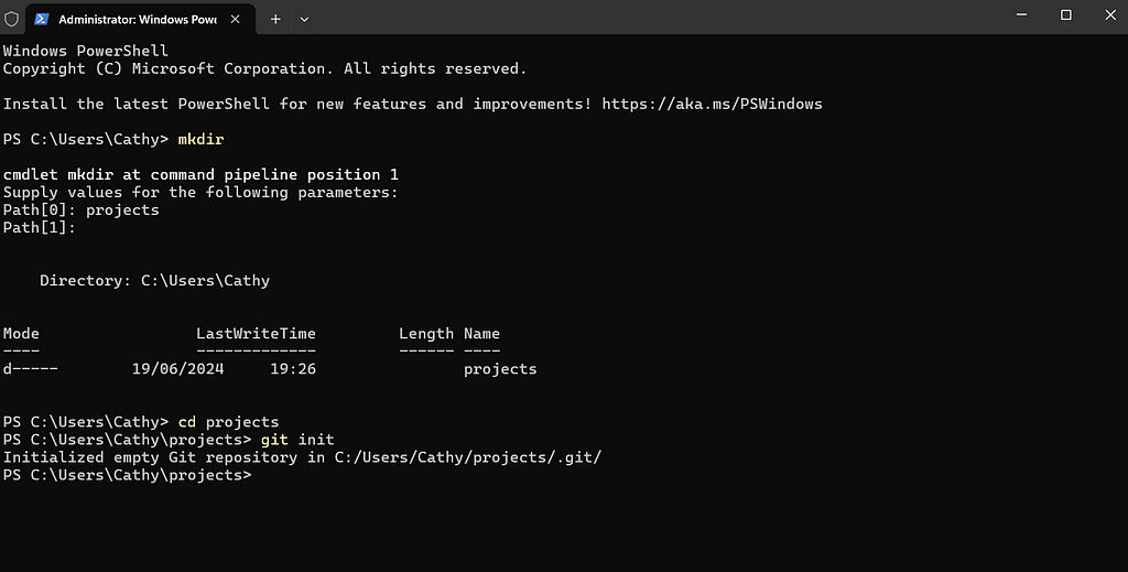 Terminal Window with mkdir entered. The Terminal Returns the Path Projects, cd projects is typed, then git init