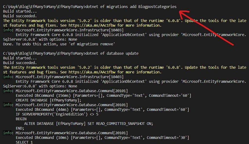 Command for adding the Entity Framework Core migration