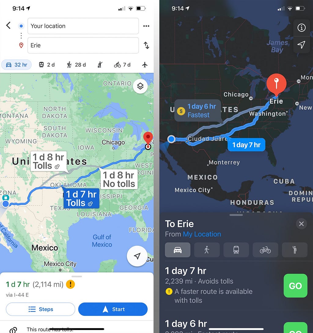 Screenshots for Google and Apple Maps of the map overview screen