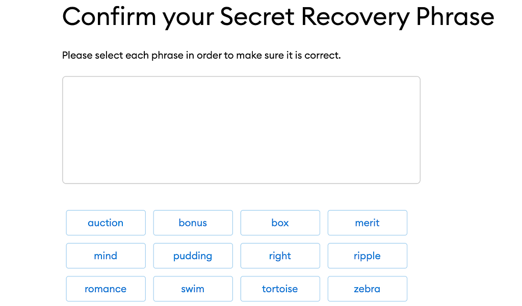 Confirm your secret recovery phrase