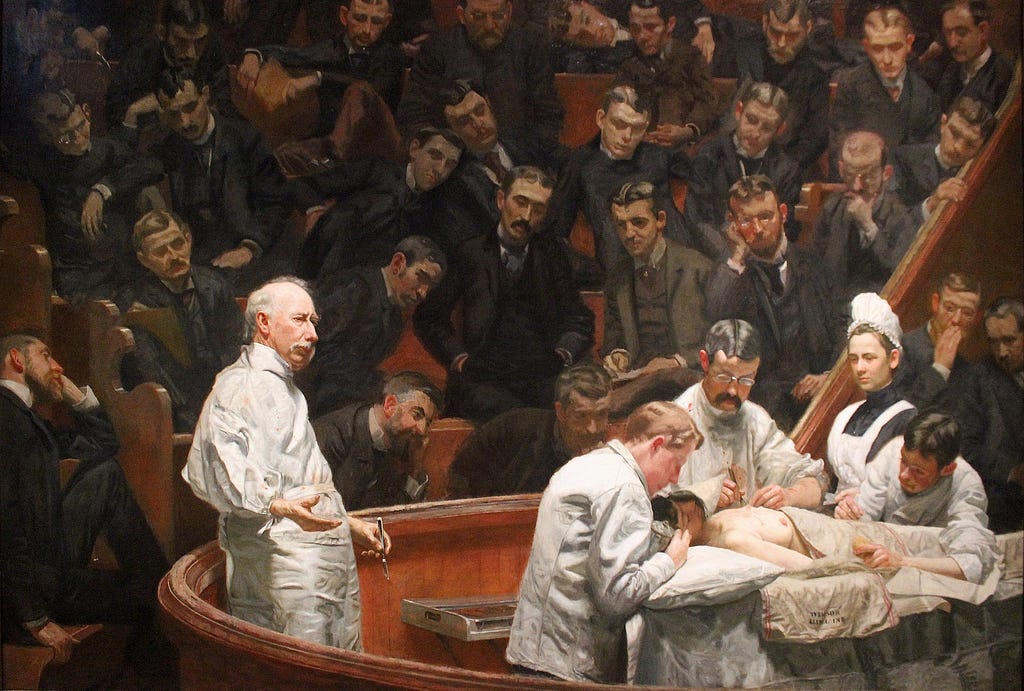 A painting of a crowd of medical students observing a dissection.