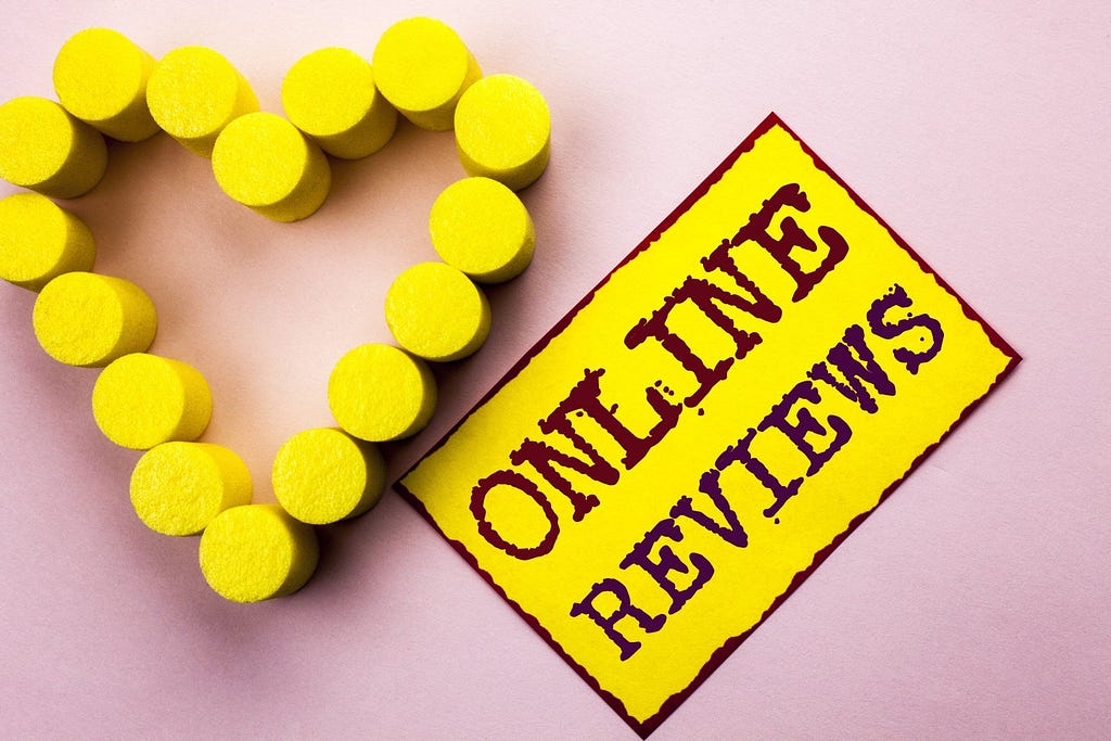 Yellow love heart with the words, 'Online Reviews'.
