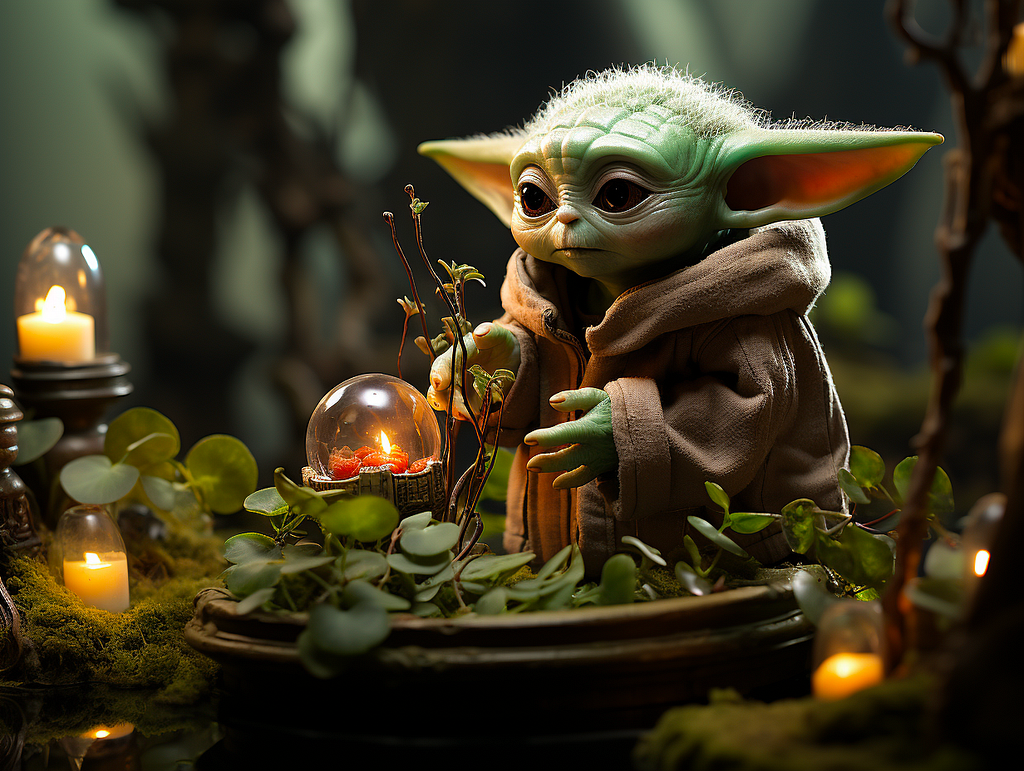 Baby Yoda pondering an orb in a forest