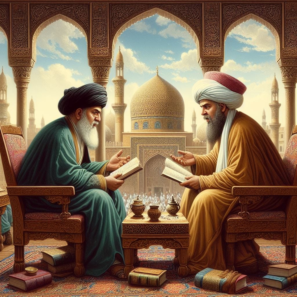 Two Islamic scholars debating in Baghdad — AI generated image