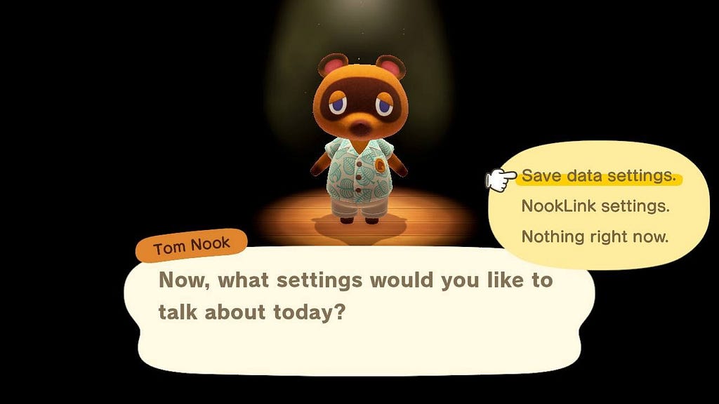 Tom Nook, in the settings menu, gives three menu options. “Save data settings,” “NookLink settings,” and “Nothing right now.”