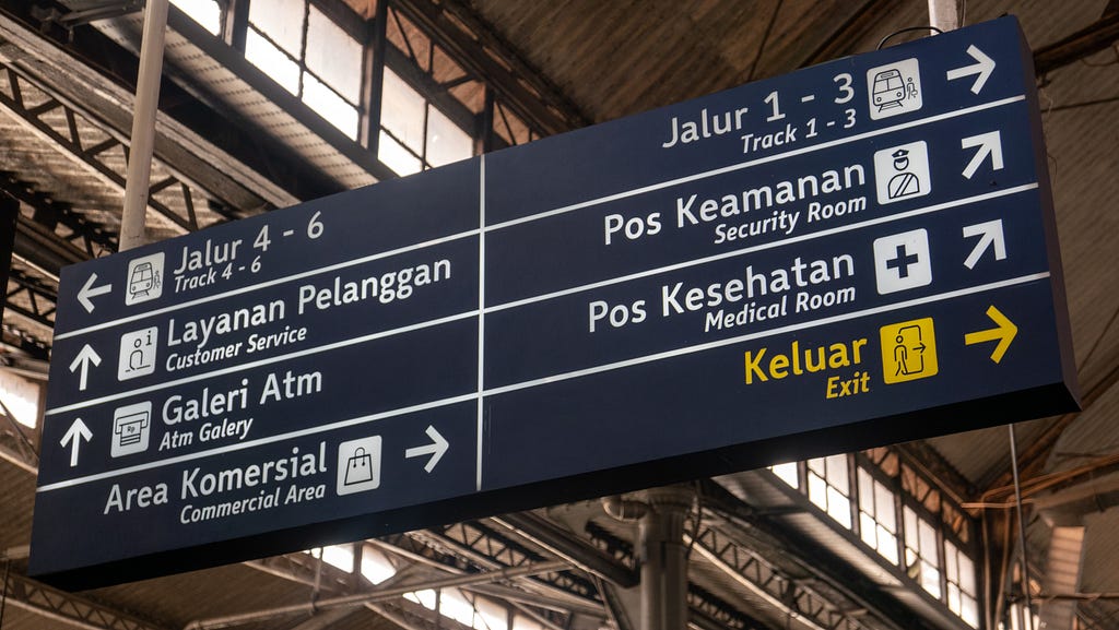 A sign in a train or bus station showing 8 different directions