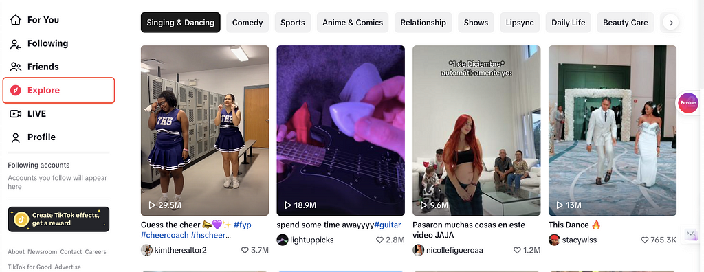 example of explore page on tiktok