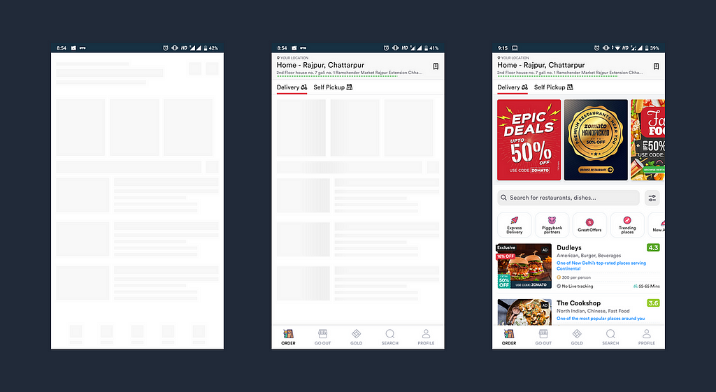 3 mobile app screens of the same app, showing the transition from a skeleton screen (left), to basic UI elements on top of the skeleton screen (middle), to the fully loaded UI (right)