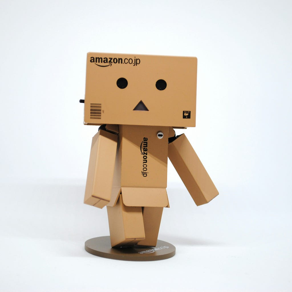 A robot made of Amazon boxes