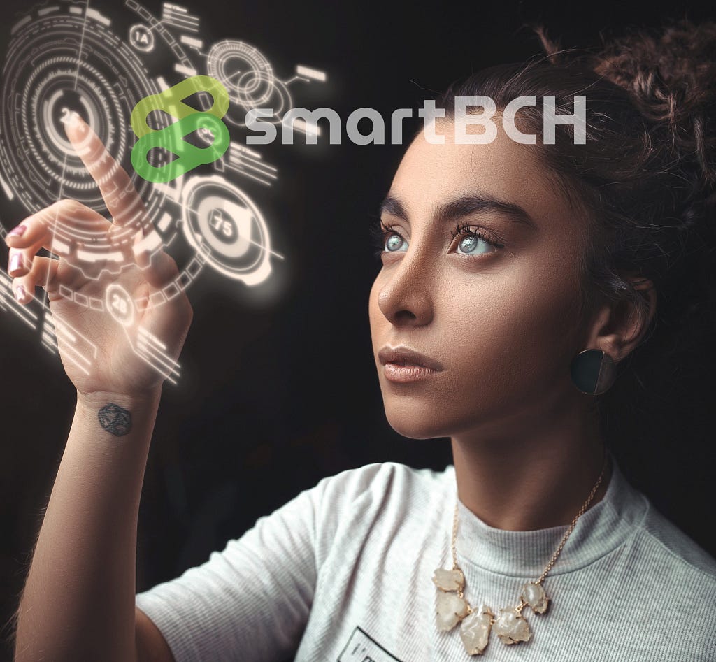 Futuristic picture depicting awoman touching a hologram screen of what could be the internet of the future. I added the smartBCH logo on top.