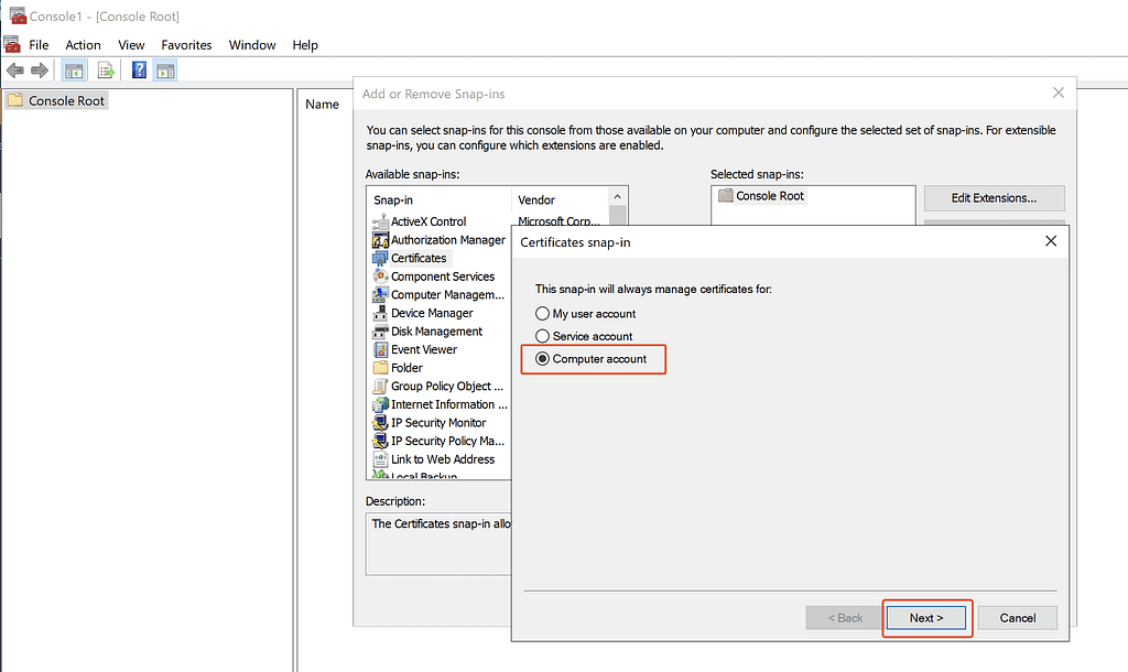 Add Computer Account to Export Computer Certificate