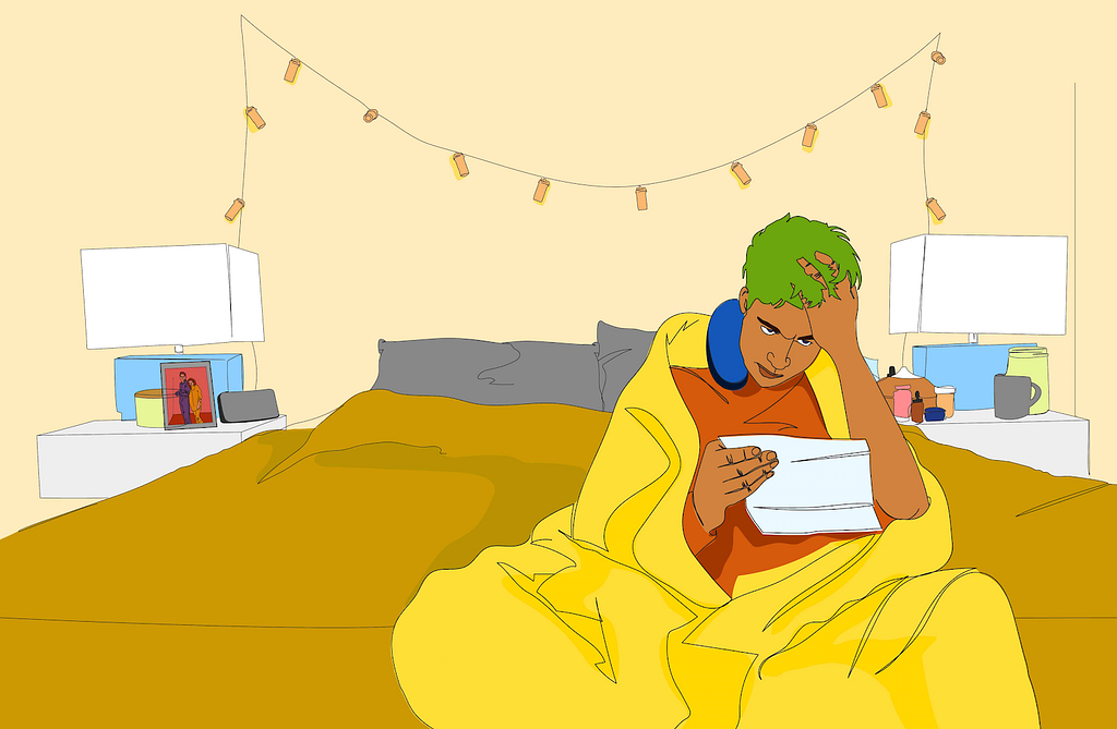 Illustration of a woman in a bedroom, sitting on her bed, wrapped in a big blanket and holding her head while reading a piece of paper.