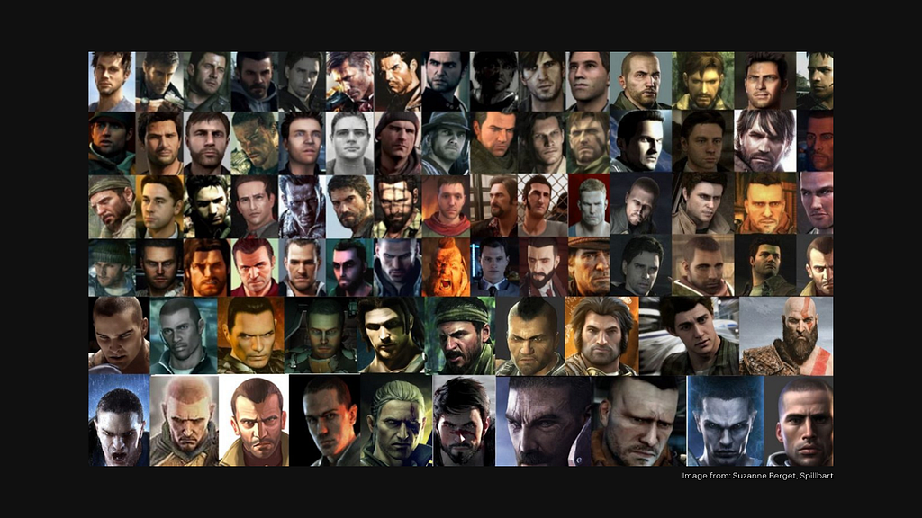 Collage of portraits of popular and well known video game protagonists, mostly from triple A studios. All of the faces are of men. All of the men are white or white-passing. The collage is credited to Suzanne Berget for Spillbart.