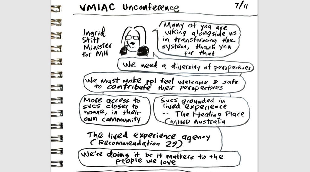 Part of a visual scribe from the VMIAC unconference quoting Ingrid Stitt, Victorian minister for mental health