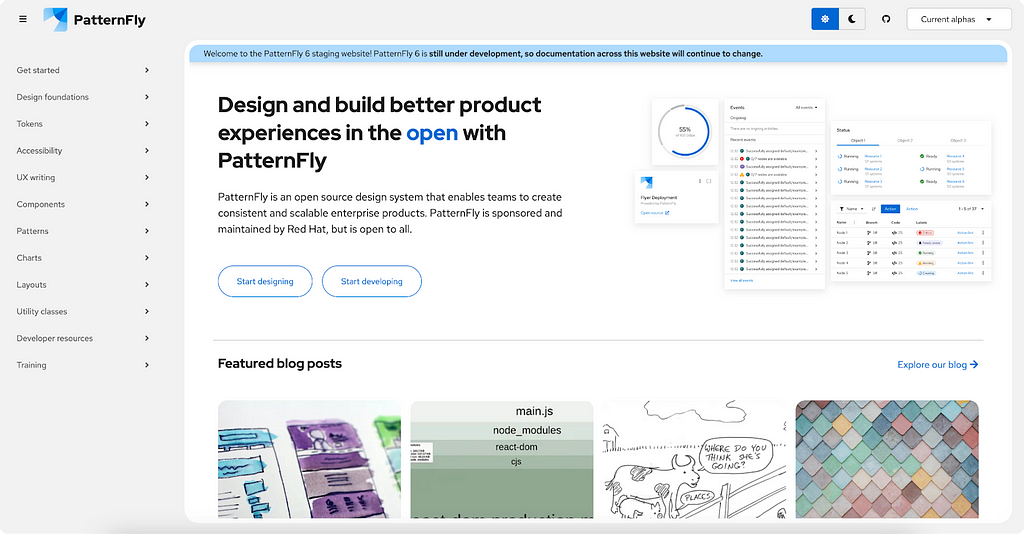 Image of the new PatternFly homepage.