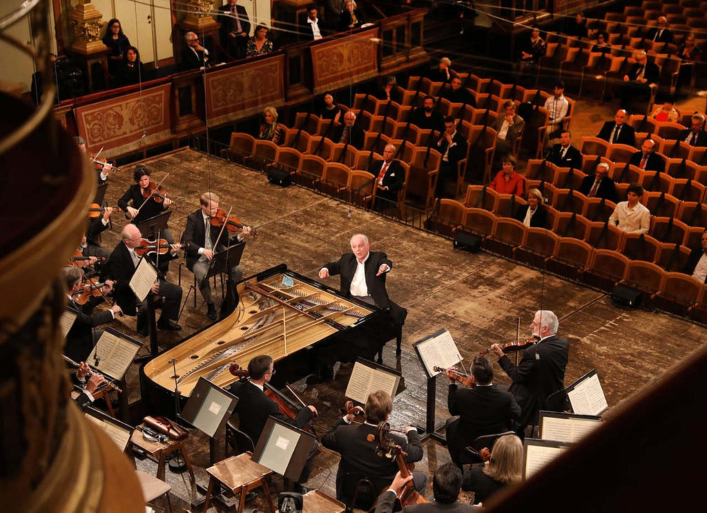 Vienna Philharmonic performing the re-opening concert in Musikverein Wien on June 5th, 2020 with Daniel Barenboim conducting