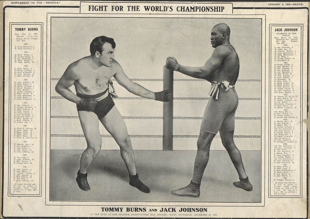 An old newspaper spread that shows two boxers in a ring; one is white and the other is Black