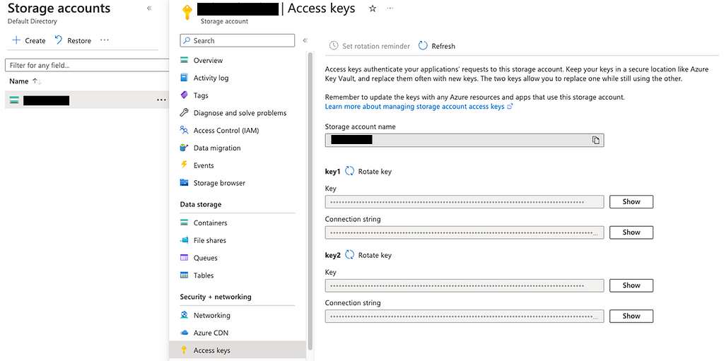 Where to find access keys in Azure needed to setup Microsoft Azure SFTP
