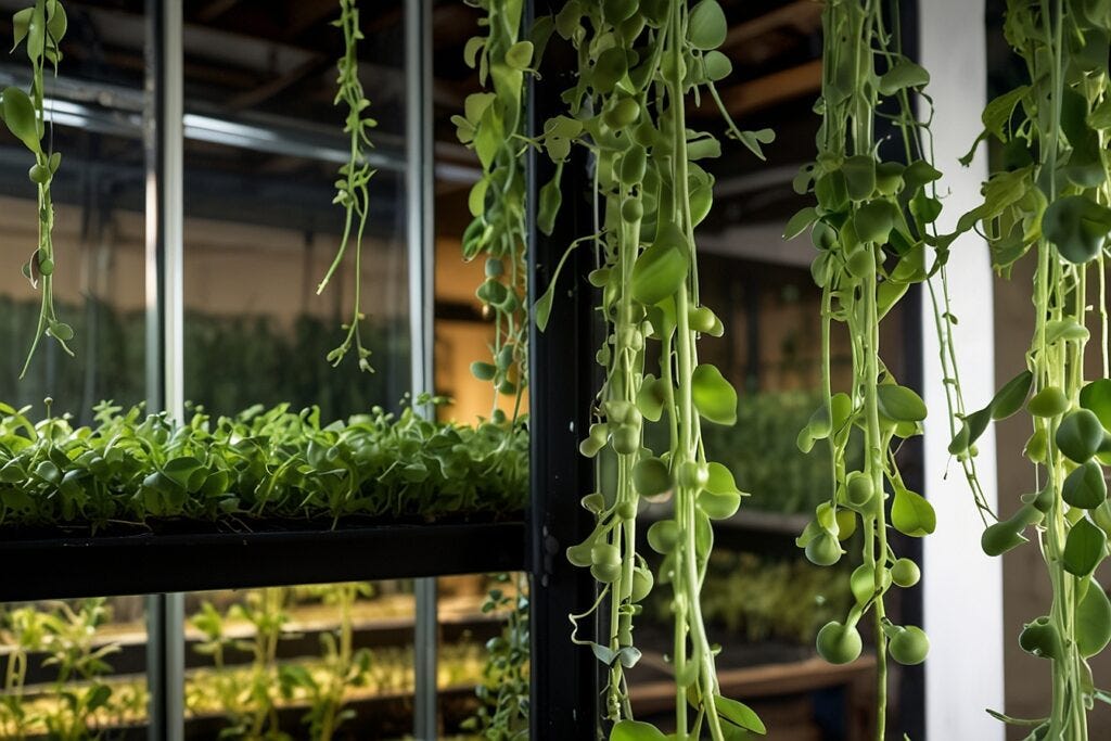 Indoor garden with lush greenery, featuring hanging vine plants in the foreground and tiered shelving of growing peas in hydroponic systems in the background.