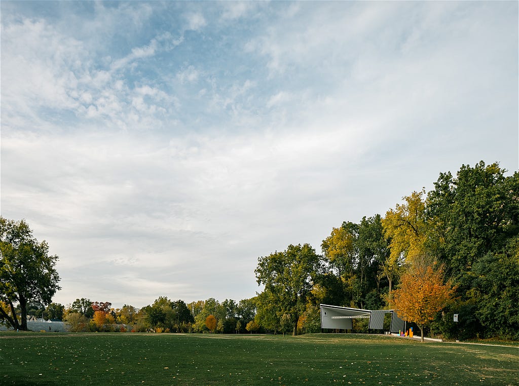 Bandshell and Canada 150 pavilion architeccture in Hariss Park from a distance