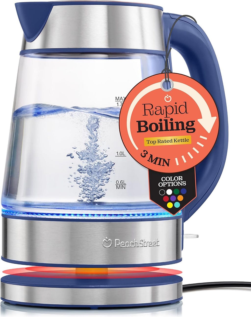 Speed-Boil Water Electric Kettle, 1.7L 1500W, Coffee  Tea Kettle Borosilicate Glass, Wide Opening, Auto Shut-Off, Cool Touch Handle, LED Light. 360° Rotation, Boil Dry Protection