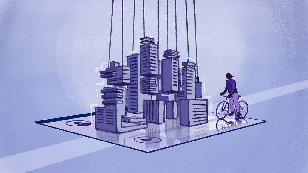 A Black man on a bike stops to consider an abstract sculpture of systems. He and the sculpture lie on an imaginary user-interface.