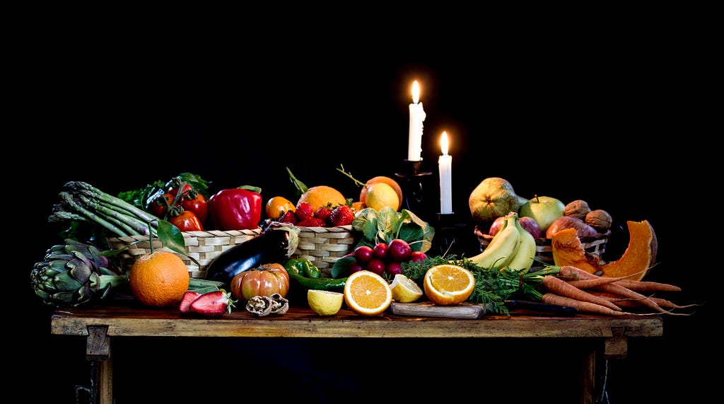 Fruits and Vegetables spread over a table