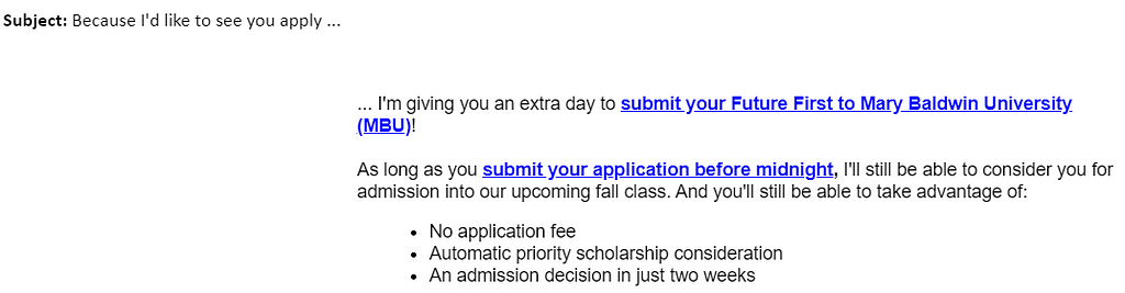 Another email offering Reid an extra day to apply to the college