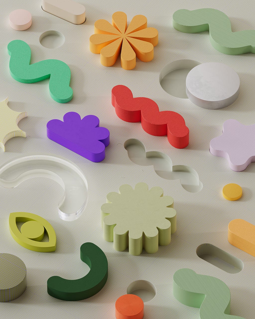 Colorful shapes being slotted into holes of the same shape, like futuristic children’s toys