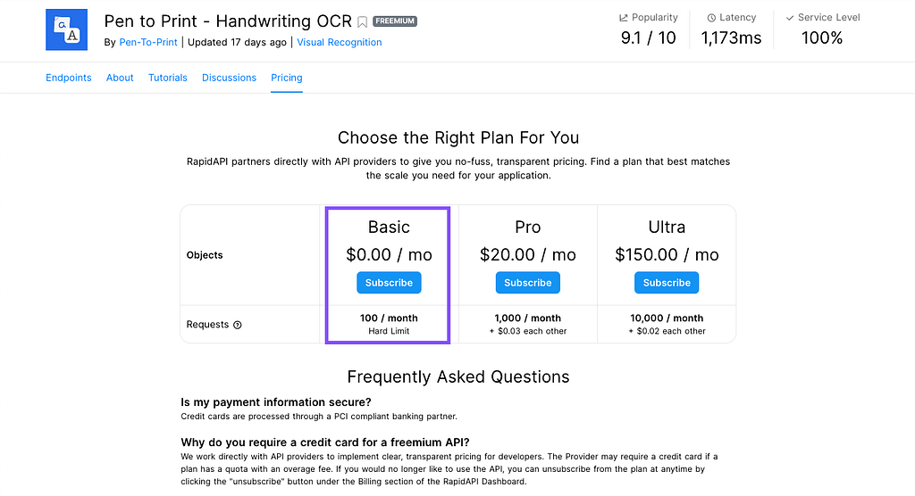 pricing page of pen to print — handwriting OCR API