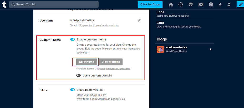 Select edit theme in Tumblr settings