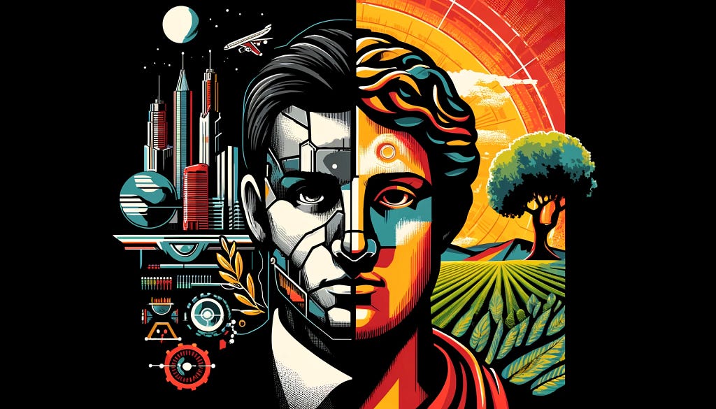 An artistic image depicting a split human face, symbolizing the duality of progress. The left side is modern and technological, featuring elements like skyscrapers, factories, a spacecraft, and a robotic face in black and white tones. The right side represents tradition and nature, showcasing a person in a Greek robe, olive trees, farmland, and a radiant sun in warm, vibrant colors.