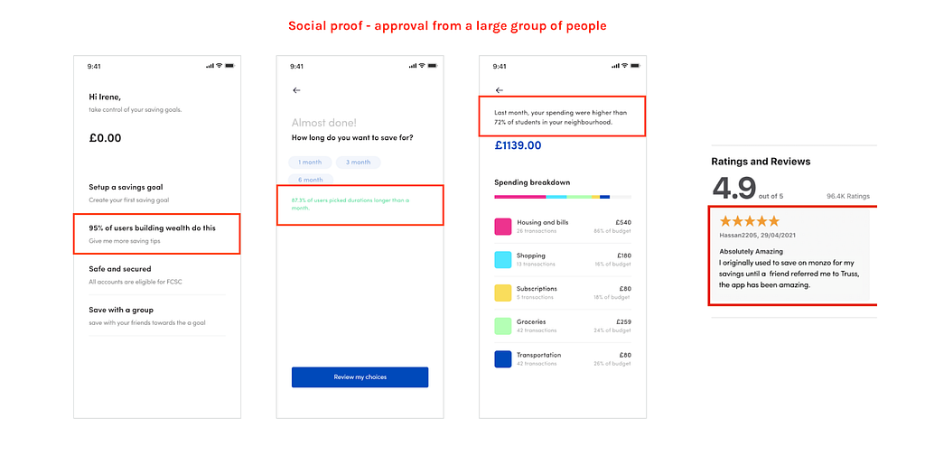 Examples of how social proof is being implemented in saving apps