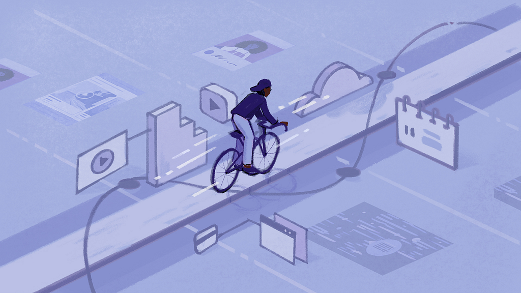 A Black man rides a bike on a road winding through an imaginary landscape of oversized digital interface features.