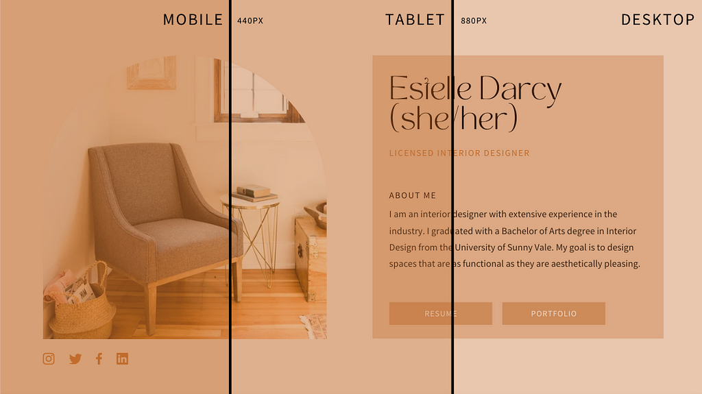 A beautiful Canva template featuring a sofa, coffee table with a book on it and wooden flooring in a well-lit apartment. The template is states “Estelle Darcy” with resume and portfolio buttons. Size of mobile, tablet and desktop screen resolutions are overlaid on the template.