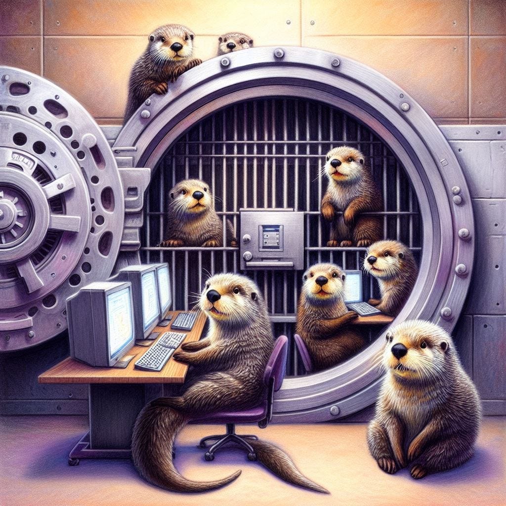 Sea otters working on computers at a bank vault. Image generated with AI via Dalle3.