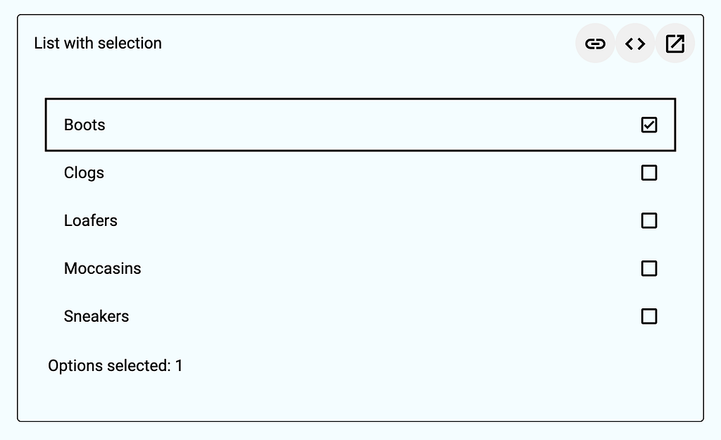 List shows focus indicator on the first list-item of “Boots” in list of five shoe type options.